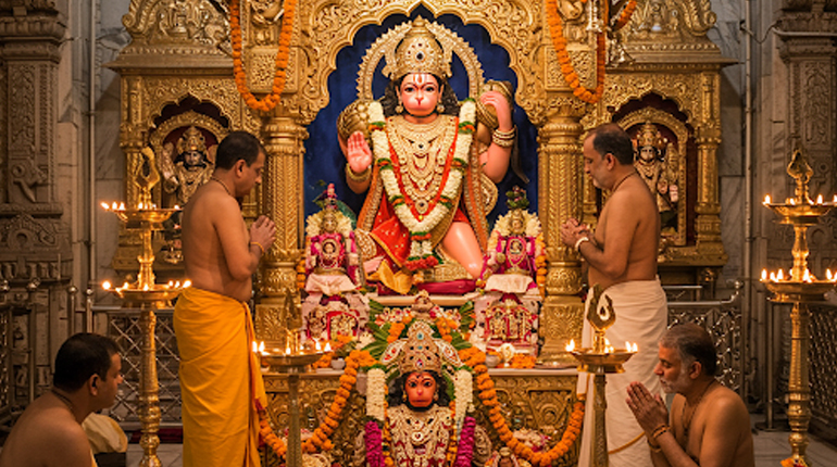 Pandit Gangadhar performing Hanuman Puja with traditional offerings