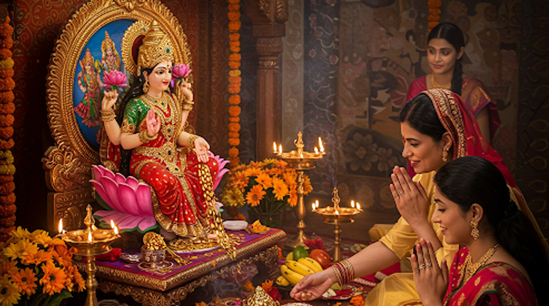 Pandit Gangadhar performing Lakshmi Puja with traditional offerings