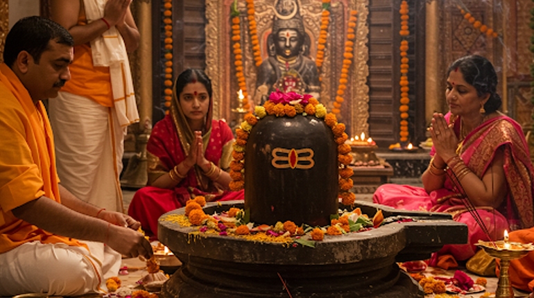 Pandit Gangadhar performing authentic Shiv Puja with bilva leaves